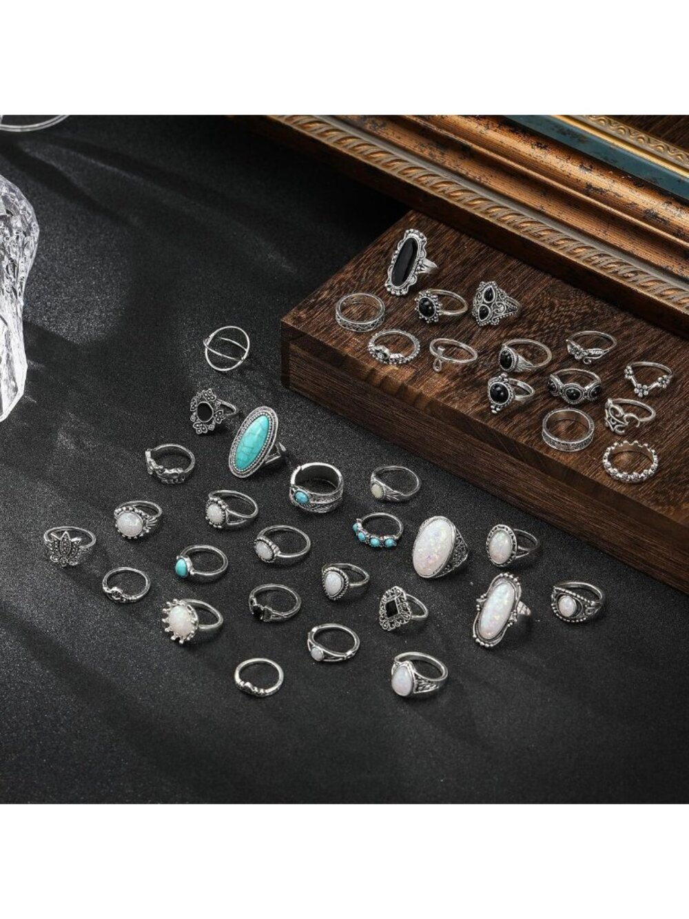 Bohemian Vintage Silver Knuckle Ring Set for Women - Turquoise & Crystal